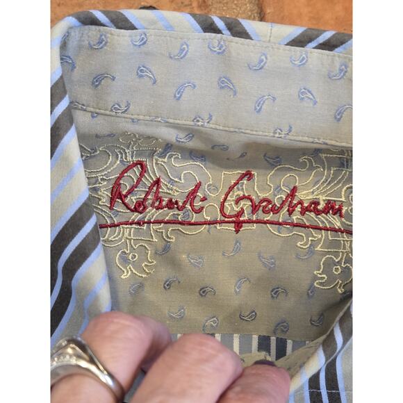 Robert Graham Shirt Men's Blue Striped Button Up Embroidered Flip Cuff | L EUC - Picture 4 of 13
